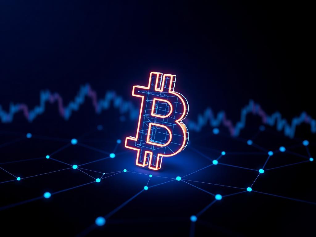 Biểu tượng Bitcoin dạng vật thể số trên mạng lưới blockchain